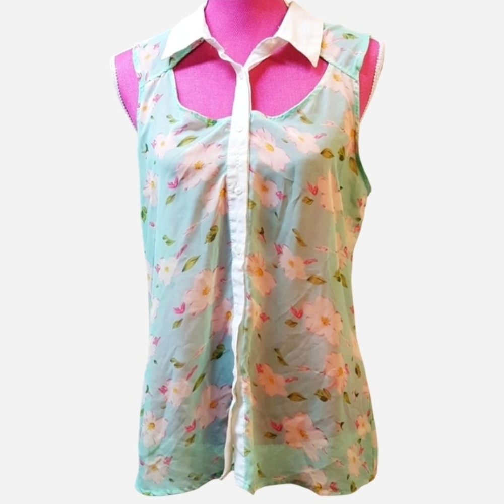 Rue21 Teal Floral Collar Cutout Tank Top